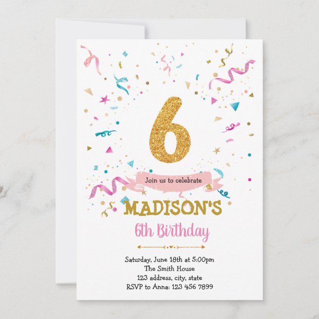 Purpurina Confetti Invitación a cumplir 6 años (Anverso)