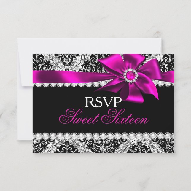 Purpurina Damask & Pink Jewel Bow Sweet 16 RSVP (Anverso)
