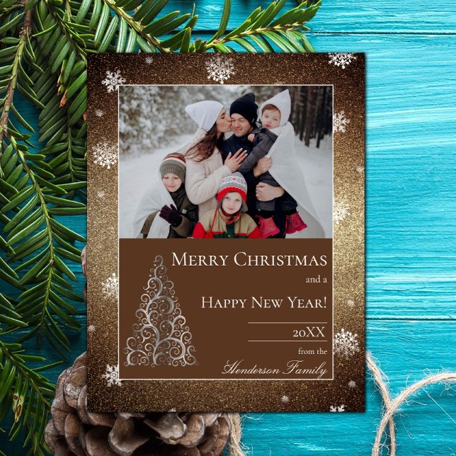 Purpurina de árbol de Navidad y copos de nieve | O (Christmas Tree Glitter and Snowflakes Holiday Photo Card - Gold)