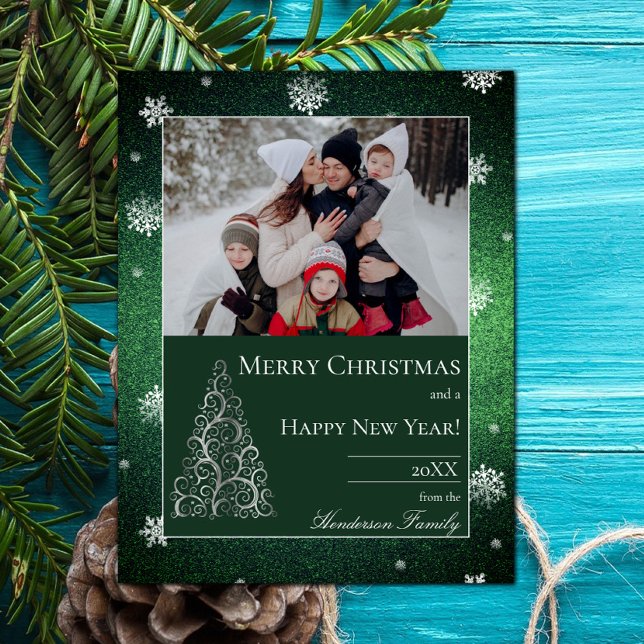 Purpurina de árbol de Navidad y copos de nieve | V (Christmas Tree Glitter and Snowflakes Holiday Photo Card - Green)