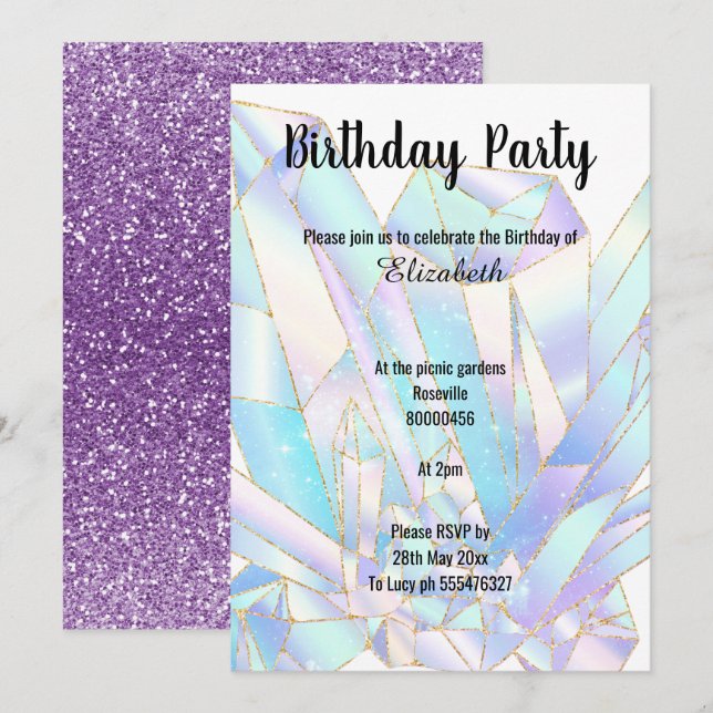 PURPURINA DE CRISTAL PASTEL INVITACIÓN DE CUMPLEAÑ (Anverso / Reverso)
