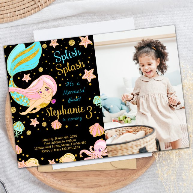 Purpurina de fotografía invitaciones a cumpleaños  (Photo Glitter Black Mermaid Birthday Invitations)