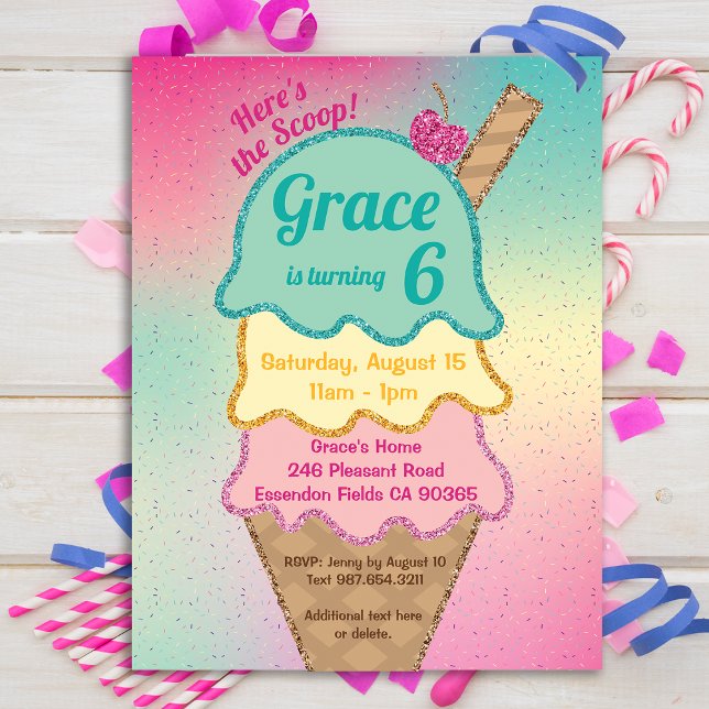 Purpurina de helado rocia invitación de cumpleaños (Icecream glitter party!)