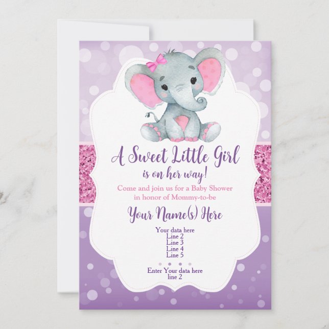 Purpurina de invitación a Elefante Púrpura Rosa Bo (Anverso)
