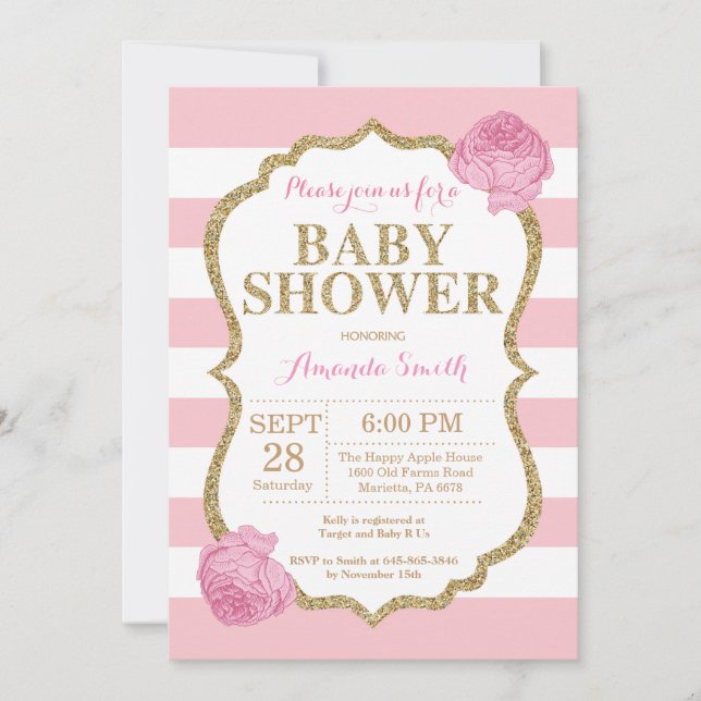 Purpurina de Invitación Baby Shower Rosado y Oro (Anverso)