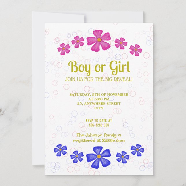 Purpurina de invitación flores rosas y azules (Anverso)