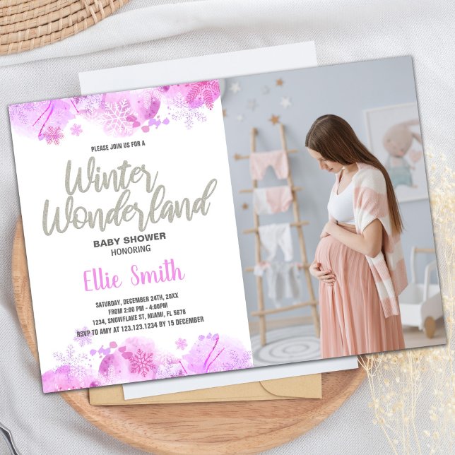 Purpurina de invitaciones a bañador de invierno co (Winter Baby Shower Invitations Glitter with photo)