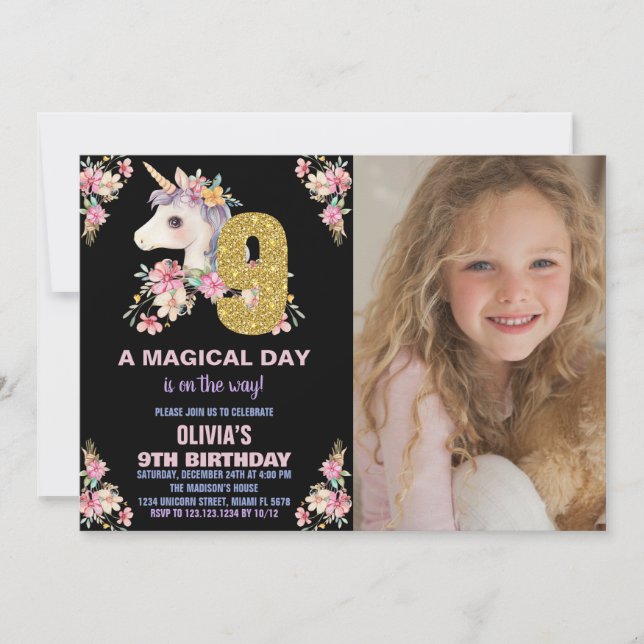 Purpurina de invitaciones a cumpleaños de Unicorni (Anverso)