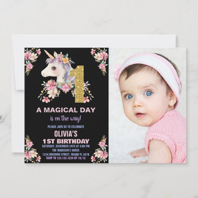 Purpurina de invitaciones a cumpleaños de Unicorni (Anverso)
