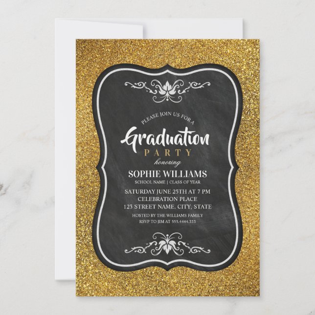 Purpurina De Invitaciones A La Graduación De Negro (Anverso)