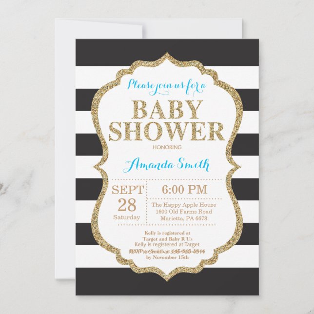 Purpurina de invitaciones Baby Shower azul y dorad (Anverso)