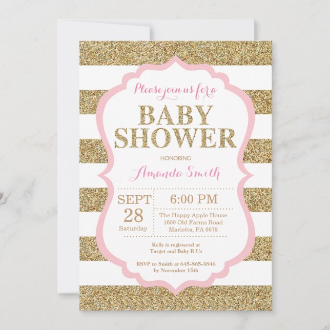 Purpurina de invitaciones Baby Shower rosa y dorad (Anverso)