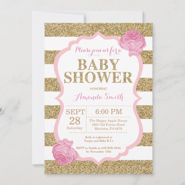 Purpurina de invitaciones Baby Shower rosa y dorad (Anverso)