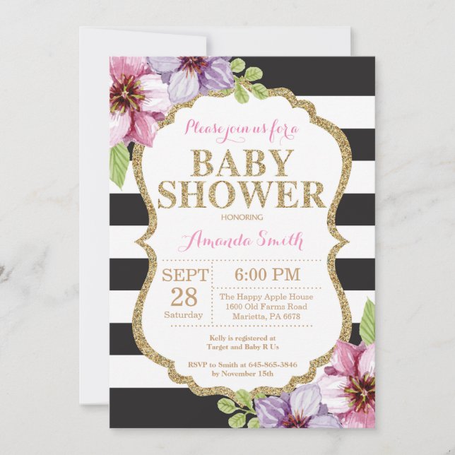 Purpurina de invitaciones de Baby Shower en negro  (Anverso)