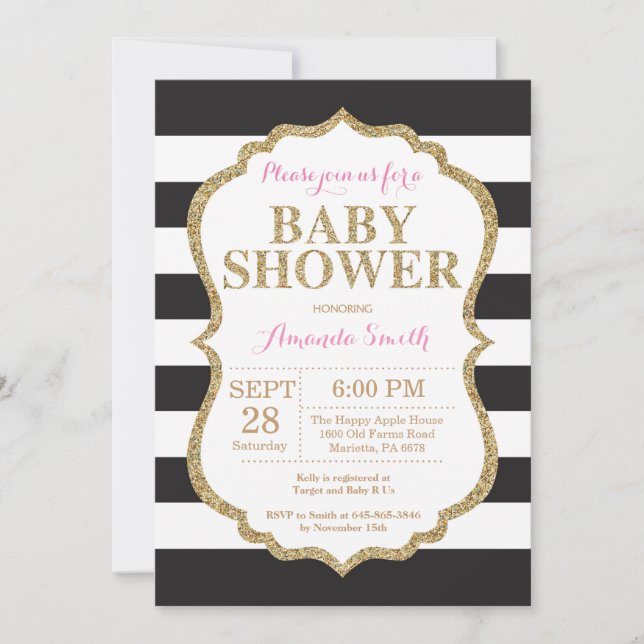 Purpurina de invitaciones de Baby Shower en negro  (Anverso)