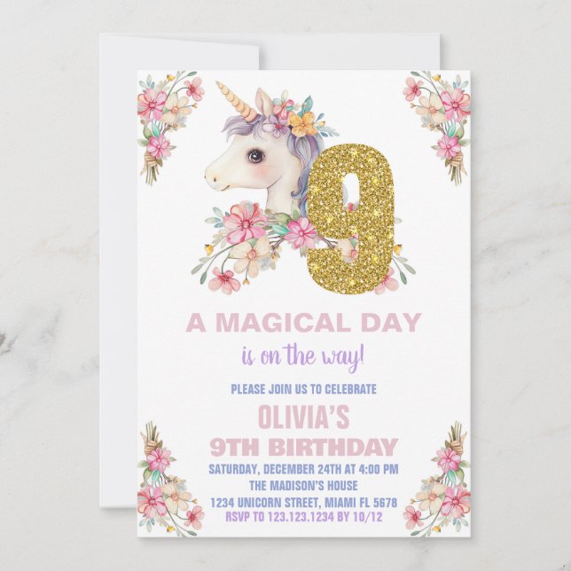 Purpurina de invitaciones de cumpleaños de Unicorn (Anverso)