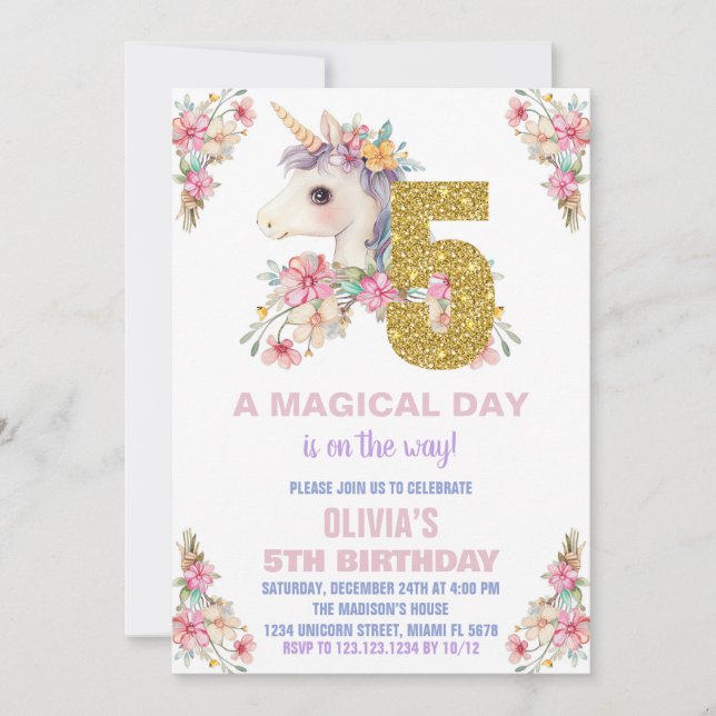 Purpurina de invitaciones de cumpleaños de Unicorn (Anverso)
