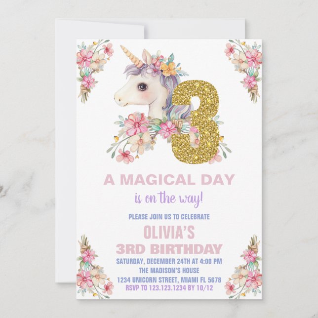 Purpurina de invitaciones de cumpleaños de Unicorn (Anverso)