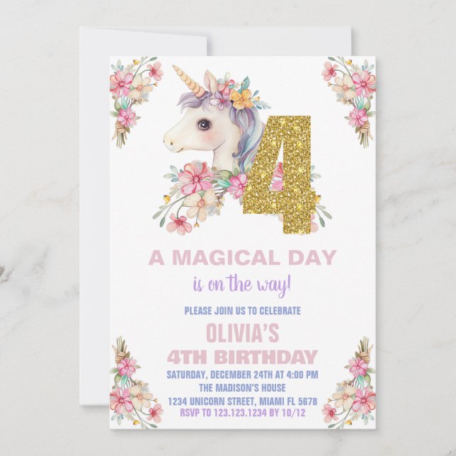 Purpurina de invitaciones de cumpleaños de Unicorn (Anverso)