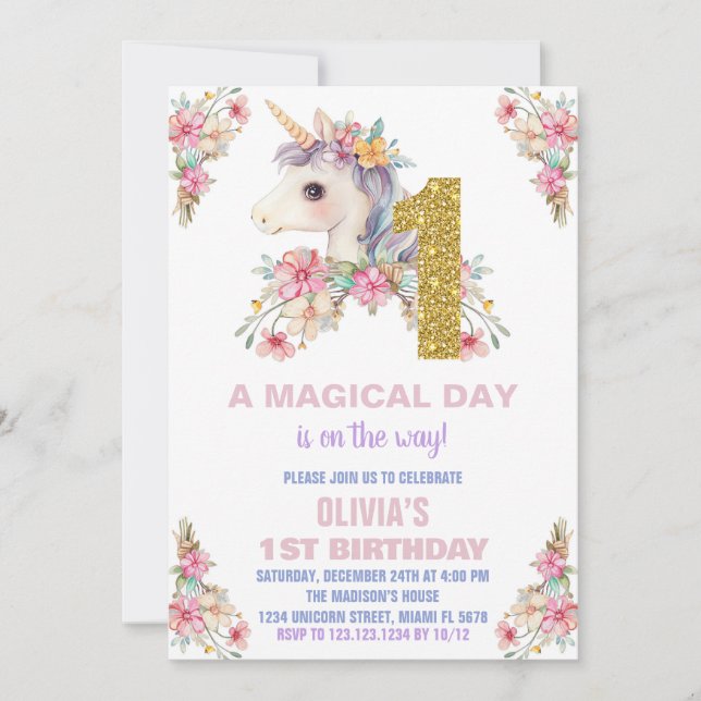 Purpurina de invitaciones de cumpleaños de Unicorn (Anverso)