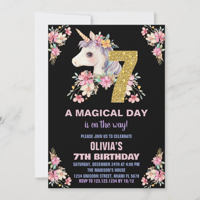 Purpurina de invitaciones de cumpleaños de Unicorn (Anverso)