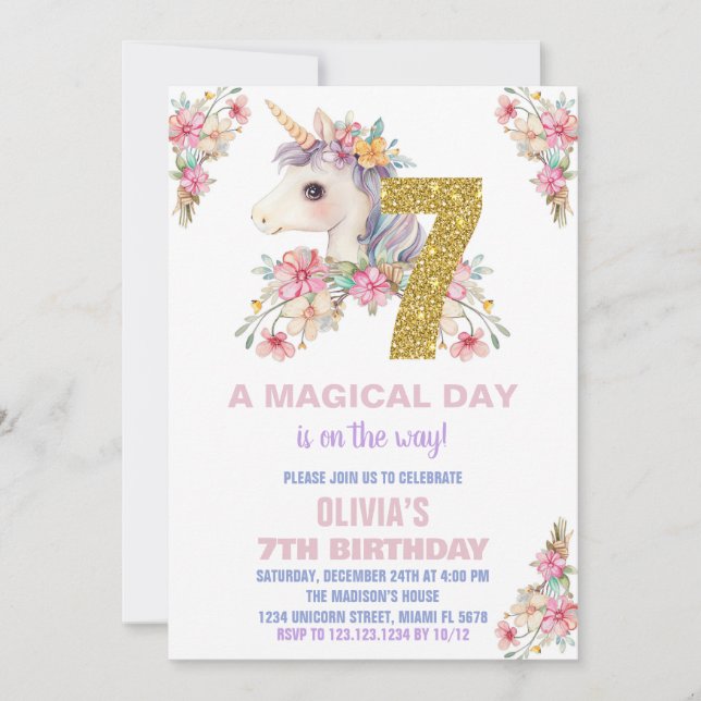 Purpurina de invitaciones de cumpleaños de Unicorn (Anverso)