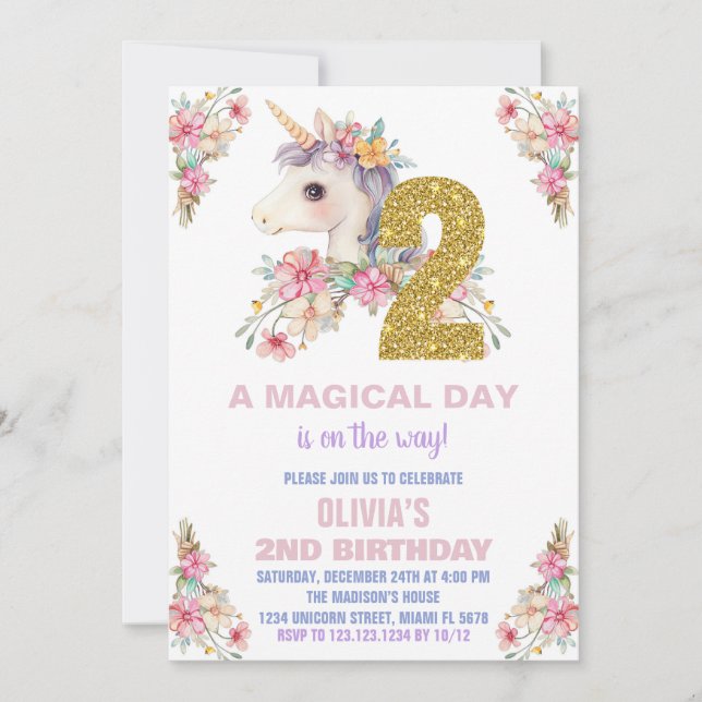 Purpurina de invitaciones de cumpleaños de Unicorn (Anverso)