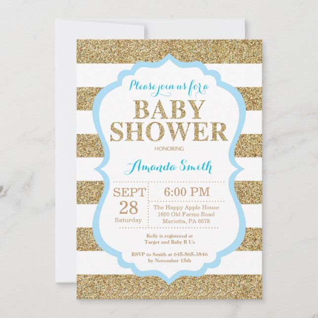 Purpurina de la invitación de Baby Shower del azul (Anverso)