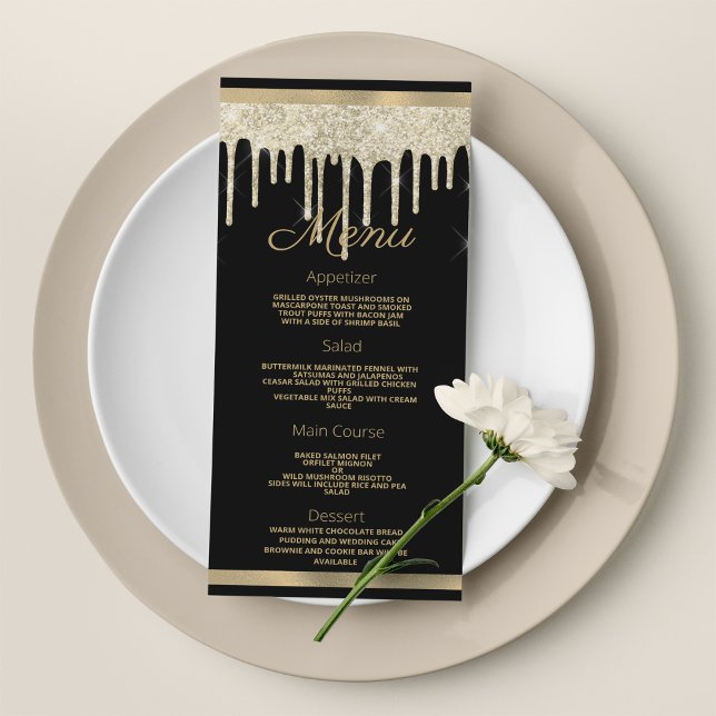 Purpurina de lujo de oro negro gotea Boda Menú (Black gold luxury glitter drips Wedding Menu)