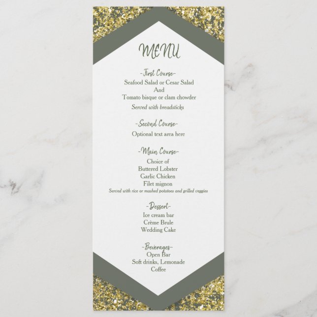 Purpurina de Olive & Gold Flakes Glam Boda Menú (Anverso)