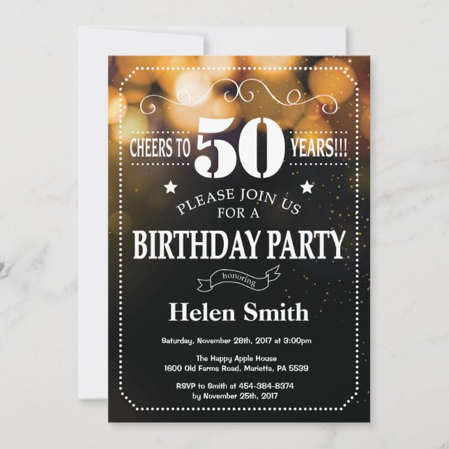 Purpurina de oro 50.ª invitación de cumpleaños (Anverso)