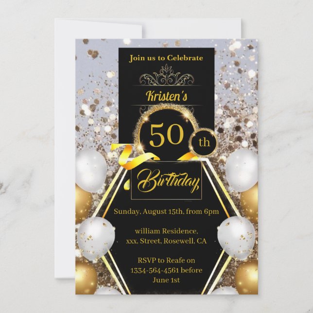 Purpurina de oro 50.ª invitación de cumpleaños (Anverso)