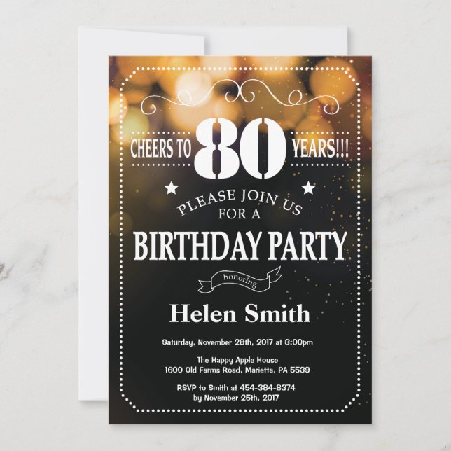 Purpurina de Oro 80 cumpleaños invitación (Anverso)