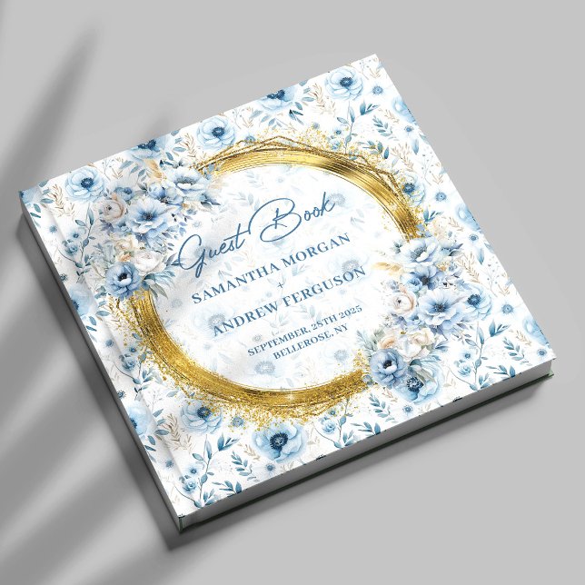 Purpurina de oro azul claro moderno libro de invit (Modern Light Blue Gold Glitter Wedding Guest Book)
