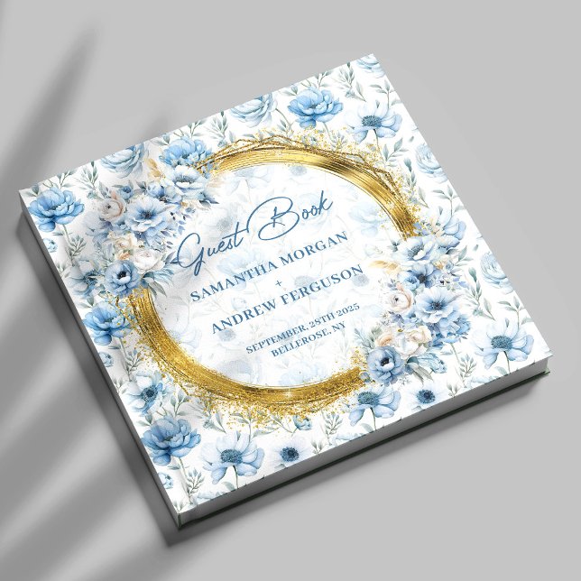 Purpurina de oro azul Pastel moderno libro de invi (Modern Pastel Blue Gold Glitter Wedding Guest Book)
