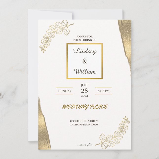 Purpurina de oro blanco elegante invitación a la b (Anverso)