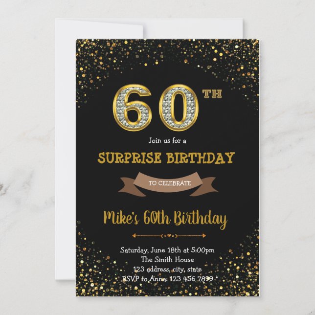 Purpurina de oro confetti 60ª invitación de cumple (Anverso)