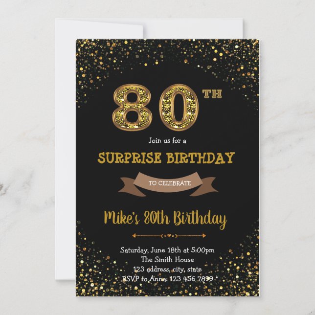 Purpurina de oro confetti 80ª invitación de cumple (Anverso)
