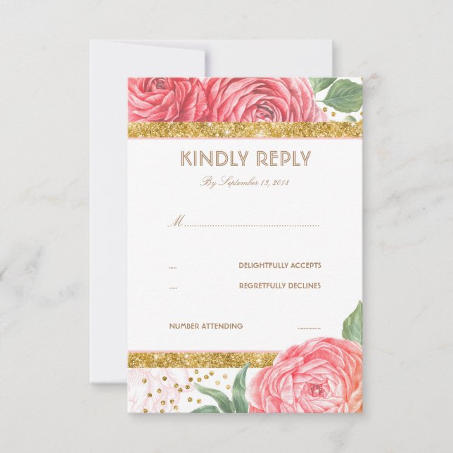 Purpurina de oro Confetti Boda Floral Rosa RSVP (Anverso)