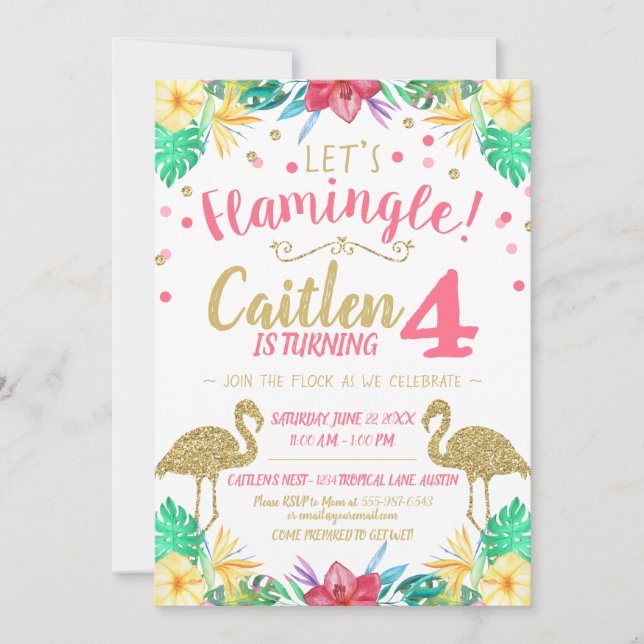 Purpurina de oro de Flamingo e invitación de cumpl (Anverso)