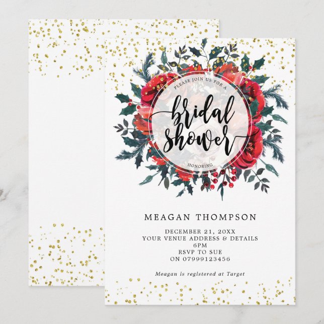 purpurina de oro de invitación a la ducha de novia (Anverso / Reverso)