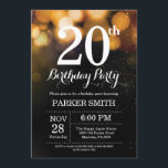 Purpurina de oro de invitación de cumpleaños númer<br><div class="desc">Invitación de cumpleaños número 20 con Gold String Lights con fondo Purpurina Gold. Cumpleaños de Oro. Cumpleaños de adultos. Invitar el cumpleaños de hombres o mujeres. 13. 15. 16. 18. 20. 21. 30. 40. 50. 60. 70. 80. 90. 100. Cualquier edad. Para más personalización, haga clic en el botón "Personalizar"...</div>