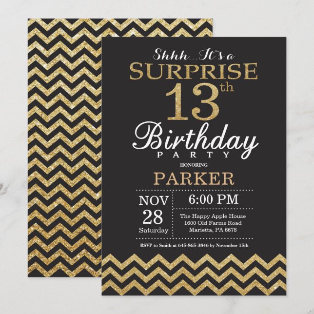 Purpurina de oro de la invitación de cumpleaños 13 (Anverso / Reverso)