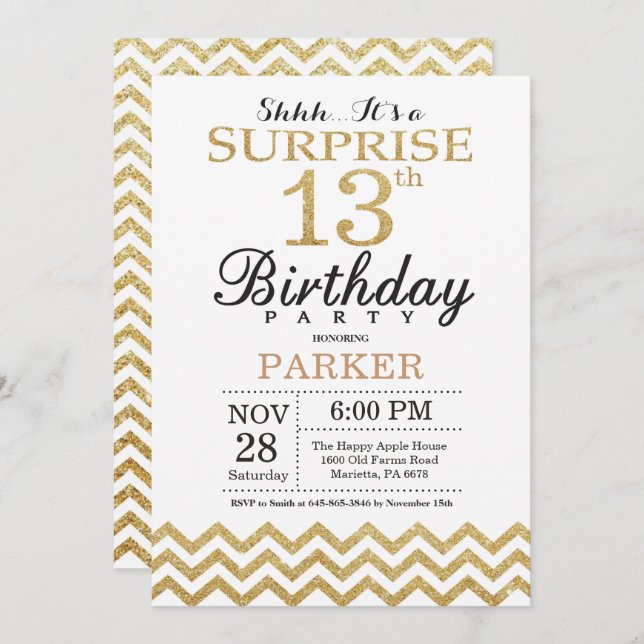 Purpurina de oro de la invitación de cumpleaños 13 (Anverso / Reverso)