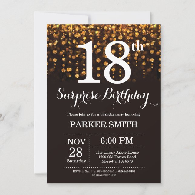 Purpurina de oro de la invitación de cumpleaños 18 (Anverso)