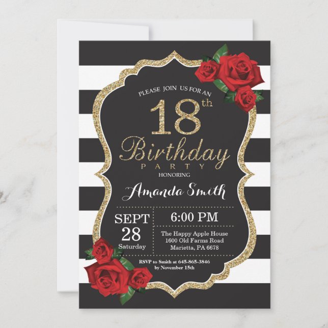 Purpurina de oro de la invitación de cumpleaños 18 (Anverso)