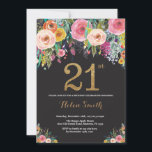Purpurina de oro de la invitación de cumpleaños 21<br><div class="desc">Invitación a los 21 Años Florales para Mujeres. Flor floral acuarela. Purpurina negro y oro. Rosa,  Amarillo,  Naranja,  Flor Púrpura. Cumpleaños de adultos.
Para más personalización,  haga clic en el botón "Personalizar" y utilice nuestra herramienta de diseño para modificar esta plantilla.</div>