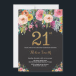 Purpurina de oro de la invitación de cumpleaños 21<br><div class="desc">Invitación a los 21 Años Florales para Mujeres. Flor floral acuarela. Purpurina negro y oro. Rosa,  Amarillo,  Naranja,  Flor Púrpura. Cumpleaños de adultos.
Para más personalización,  haga clic en el botón "Personalizar" y utilice nuestra herramienta de diseño para modificar esta plantilla.</div>