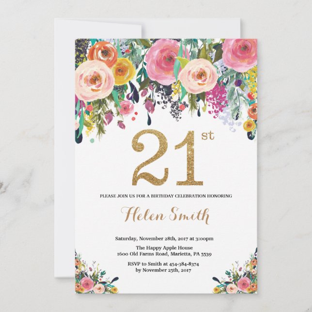 Purpurina de oro de la invitación de cumpleaños 21 (Anverso)