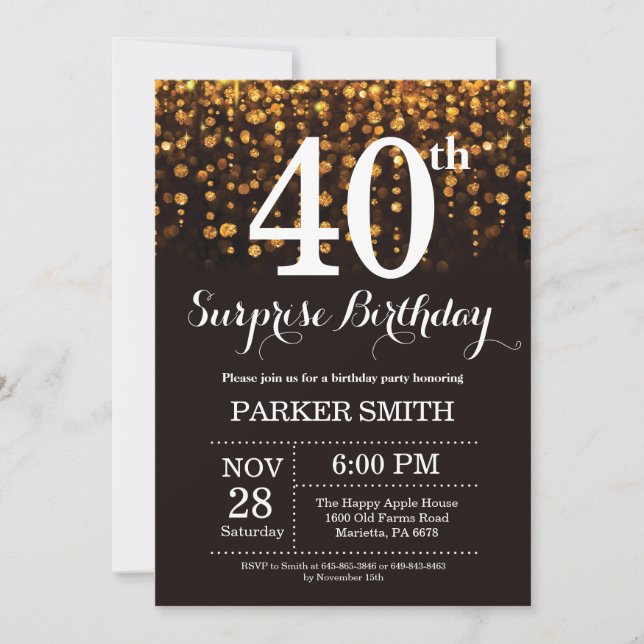 Purpurina de oro de la invitación de cumpleaños 40 (Anverso)